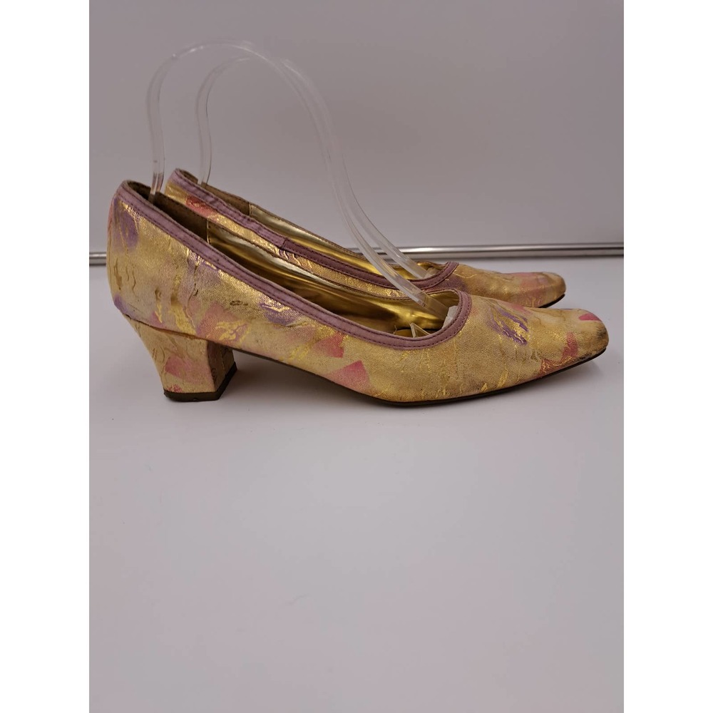 Vtg Wild Rose Gold Lavender Pink brocade low heel pumps 9M